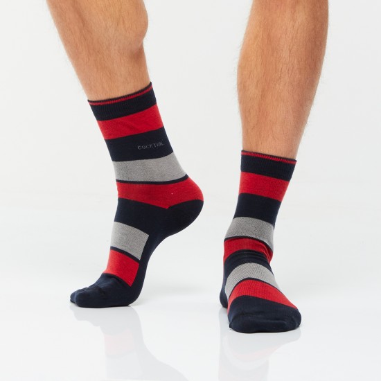 Széles csíkos férfi zokni (sötétkék-piros-szürke)