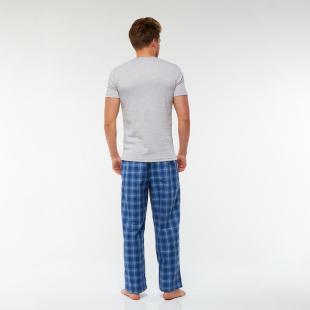 Szövött gumis hosszú pizsama alsó (sötétkék-világoskék-szürke kockás)