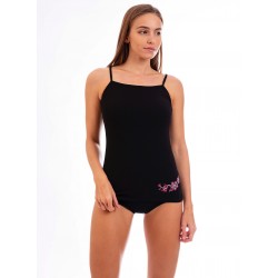 Vékony pántos, fekete női trikó hímzett virágmintával