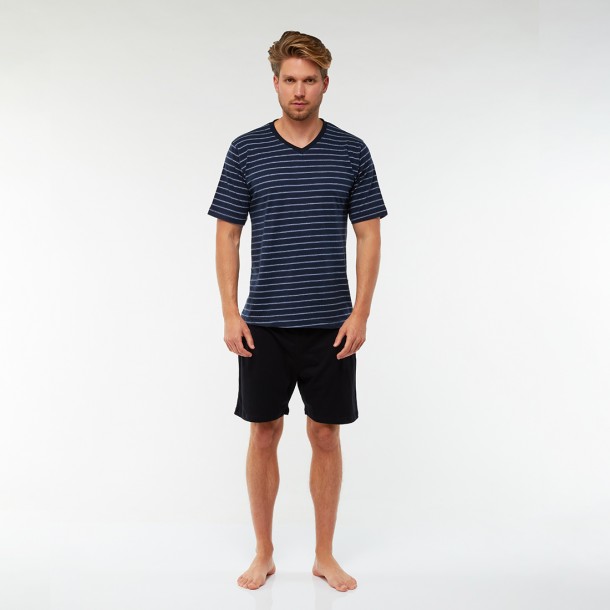 3-6 XL Pálcikás-csíkos rövid férfi pizsama (sötétkék-világoskék)