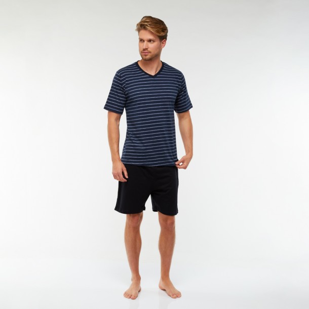 3-6 XL Pálcikás-csíkos rövid férfi pizsama (sötétkék-világoskék)