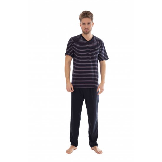 3-6 XL Pálcikás csíkos, rövid pizsama (sötétkék-piros)