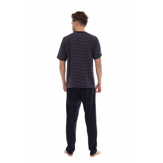 3-6 XL Pálcikás csíkos, rövid pizsama (sötétkék-piros)