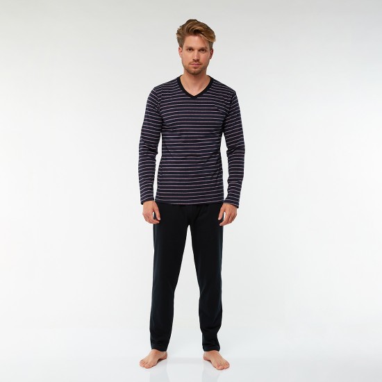 3-6 XL Pálcikás csíkos, hosszú pizsama (sötétkék)