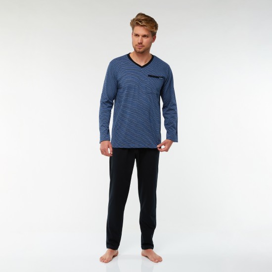 Sűrű csíkos hosszú pizsama (sötétkék-élénk kék)