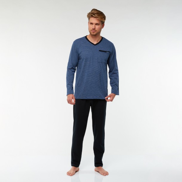 3-6 XL Sűrű csíkos hosszú pizsama (sötétkék-élénk kék)