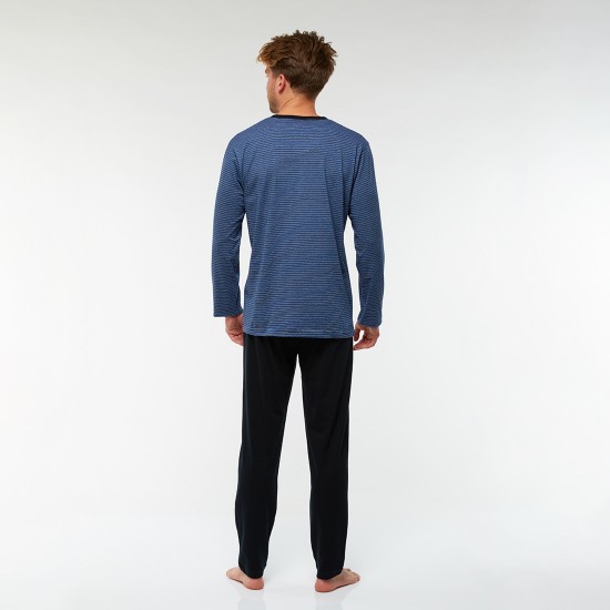 Sűrű csíkos hosszú pizsama (sötétkék-élénk kék)
