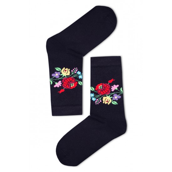Kalocsai virágmintás női zokni (fekete)